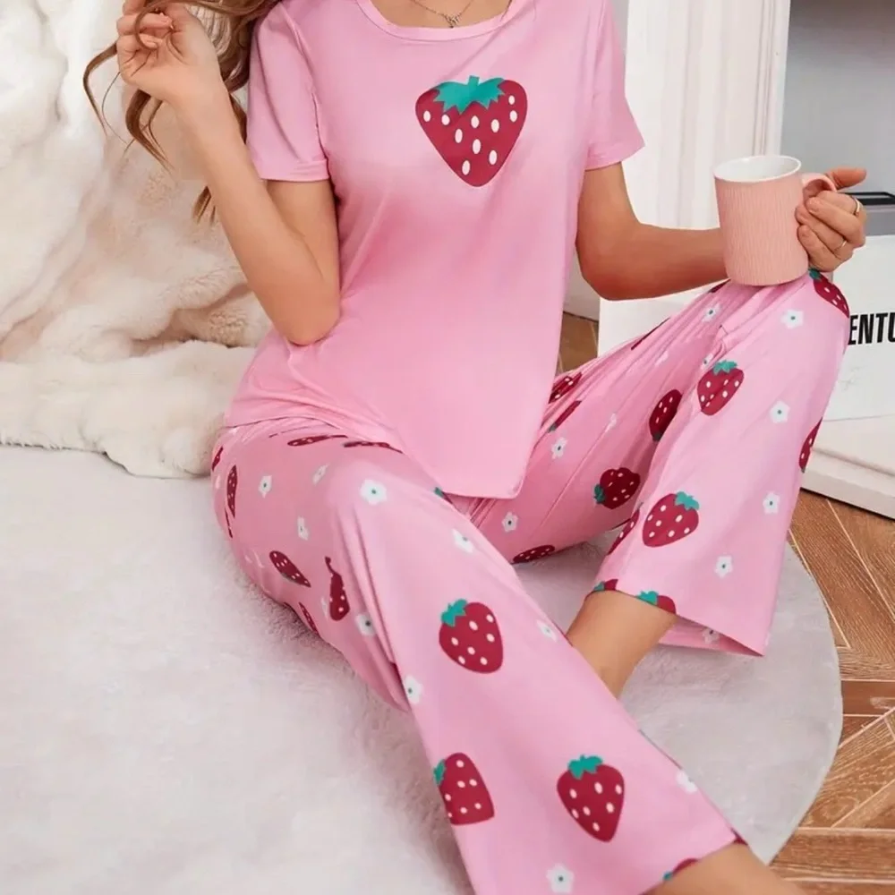 Strawberry Print Pajama Set Pink Women’s Size M